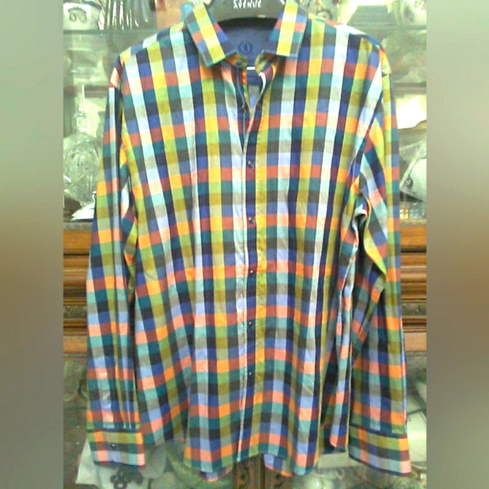 BNWOT BUGATCHI UPMO Colorful Checkered Men's Shirt SZ. XL SHAPED FIT COTTON